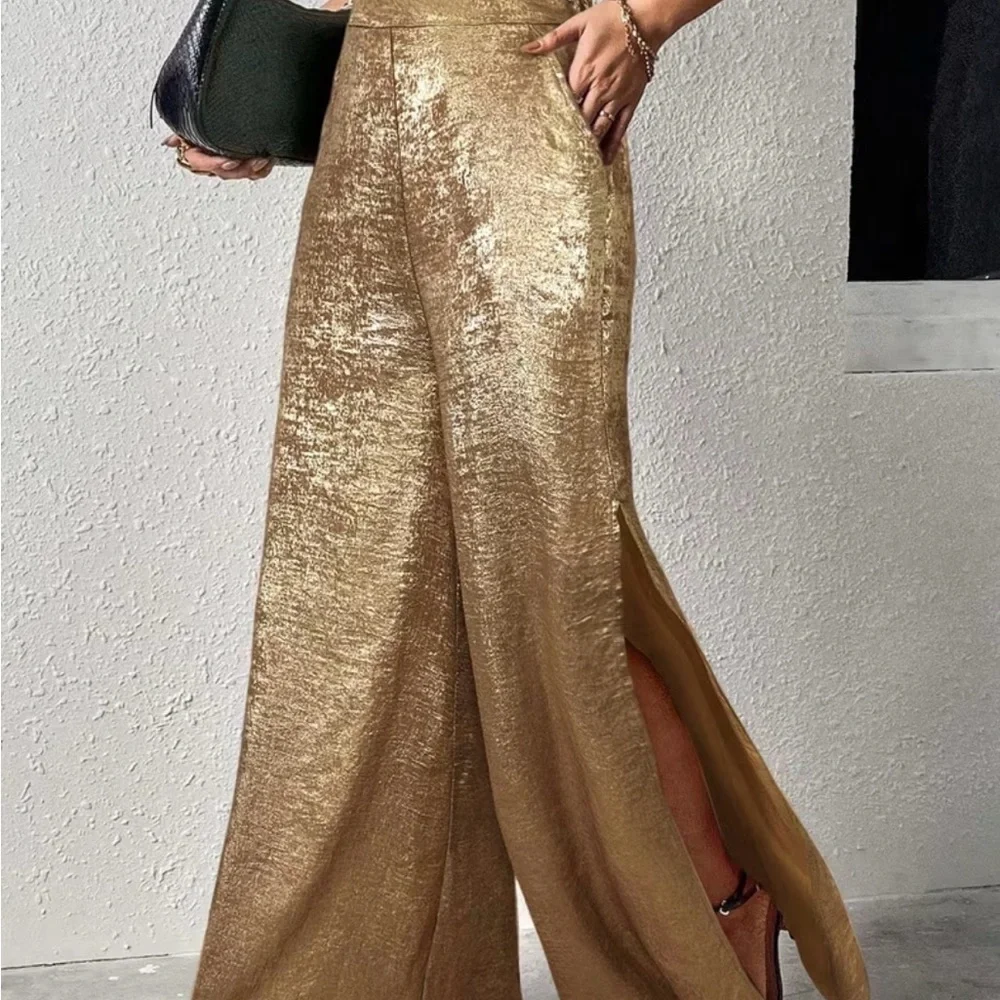 Golden Wide-Leg Metallic Palazzo Pants - Picture 6 of 9